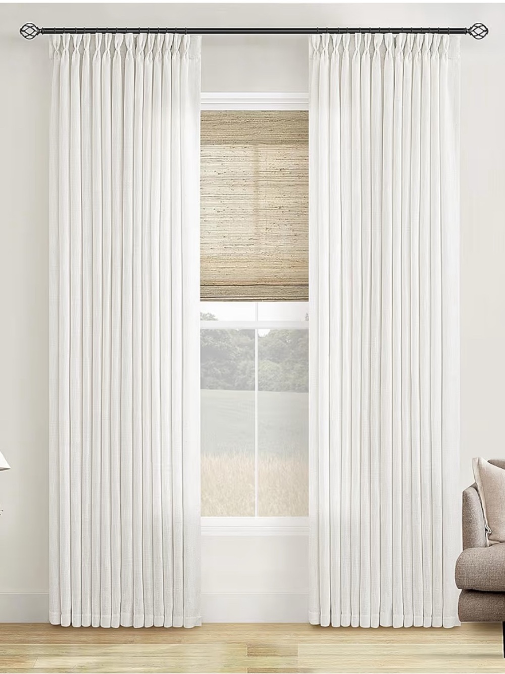 Beige White Linen Curtains Pinch Pleated, 2 Panels, 40”x84”